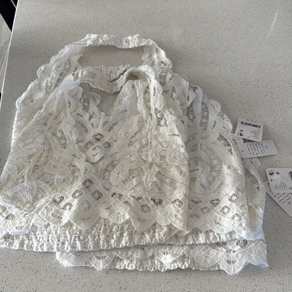 NWT Free People Adella Lace Halter Bralette Lace Scallop Pull- On Backless White - Picture 9 of 10